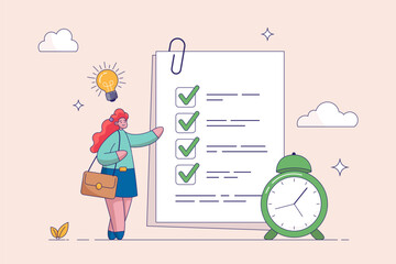 Checklist, online exam, notes concept. Online survey form with characters. Business woman marks on the to-do list with giant clock. Flat vector illustration for UI, web banner, mobile app.