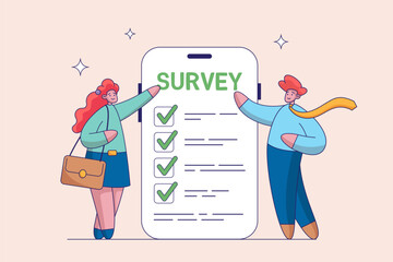 Online survey questionnaire concept. Poll, opinion or customer feedback using internet concept, man and woman using mobile or smartphone to fill in online survey checklist.