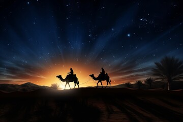 Silhouette of Three wise men riding a camel along the star path. To meet Jesus at first birth