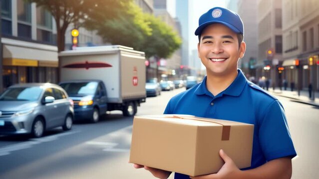 The male delivery driver is smiling happily. AI generate