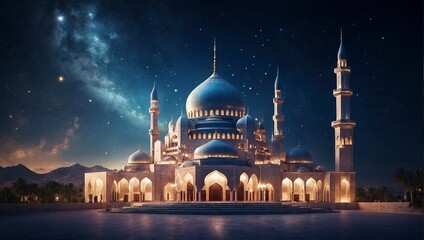 New Eid al-Fitr Celebration: Mosque Glowing under Starry Night Sky with Crescent Moon Background - obrazy, fototapety, plakaty