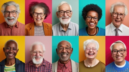 Vibrant Elderly Individuals Radiate Joy in Colorful Headshots.