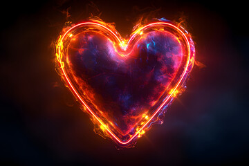 Neon heart shape with vibrant glow on dark smokey background. Love and valentine's day concept for design and print