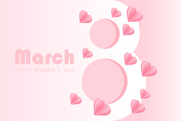 Background for March 8. Pink paper hearts with number 8. Happy International Women's Day. Vector illustration.