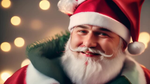 Video AI generates a kind Santa Claus smiling on Christmas Day.