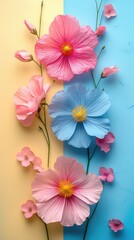 Colorful Pastel Flowers on Blue and Yellow Background. Background for Instagram Story, Banner