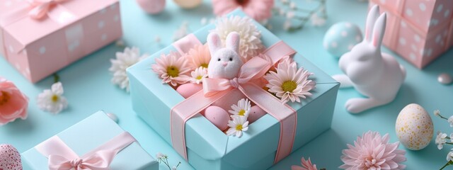 Easter banner, gifts and decorations with flowers on a pastel backdrop.