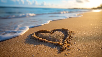 Heart shape drawn in the sand, symbol of love, beach setting, serene ambiance
