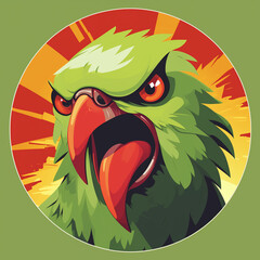 illustration of an angry parrot in a circle, avatar of green parrot squawking with mouth wide open