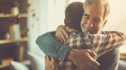 Young man hugs the uncle old man warmly inside.