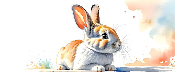 Cute bunny with brown pattern sitting alone in white background. Background of smudged ink. Animal illustration in water color style.