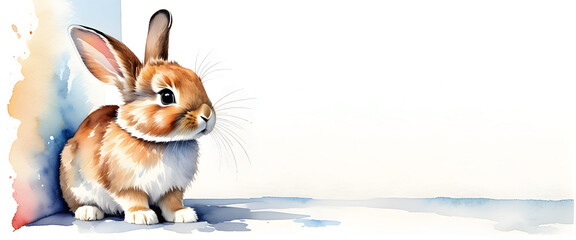 A cute brown rabbit sits alone in the corner. Isolated on a white background. Animal illustration in watercolor style.