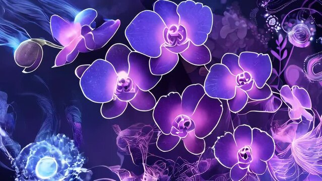 Orchid flowers illuminated by purple neon light. The petals appear thin and translucent, with fantastical patterns of light in the background.
