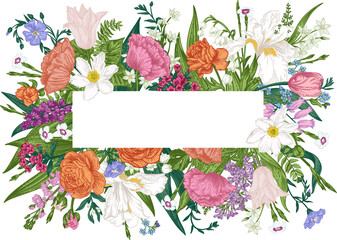 Floral frame. Card with place for text. Horizontal. Botanical illustration. Ranunculus, forest anemone, white iris, carnation, flax, forget-me-not, lilac, levkoy. Blooming. Colorful. - 731028608
