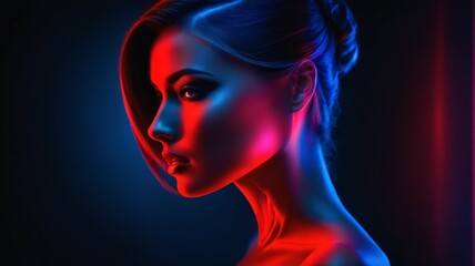 Spectacularly styled girl mesmerizes in red and blue. Backdrop artwork amplifies her allure.