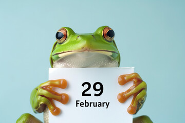 green frog holding a white paper with text 29 February on a pastel blue background, leap day