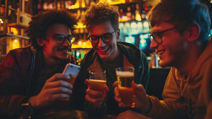 Young man and his friends using cell phone in a bar.