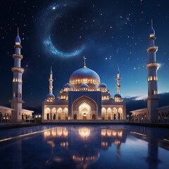 New Eid al-Fitr Celebration: Mosque Glowing under Starry Night Sky with Crescent Moon Background