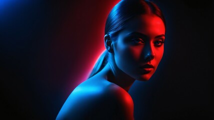 Spectacularly styled girl mesmerizes in red and blue. Backdrop artistry adds depth to her beauty.