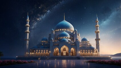 New Eid al-Fitr Celebration: Mosque Glowing under Starry Night Sky with Crescent Moon Background