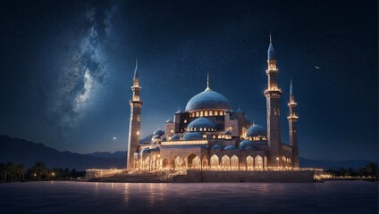 Fototapeta na wymiar New Eid al-Fitr Celebration: Mosque Glowing under Starry Night Sky with Crescent Moon Background