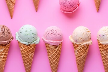 Colorful ice cream scoops in waffle cones on pink background