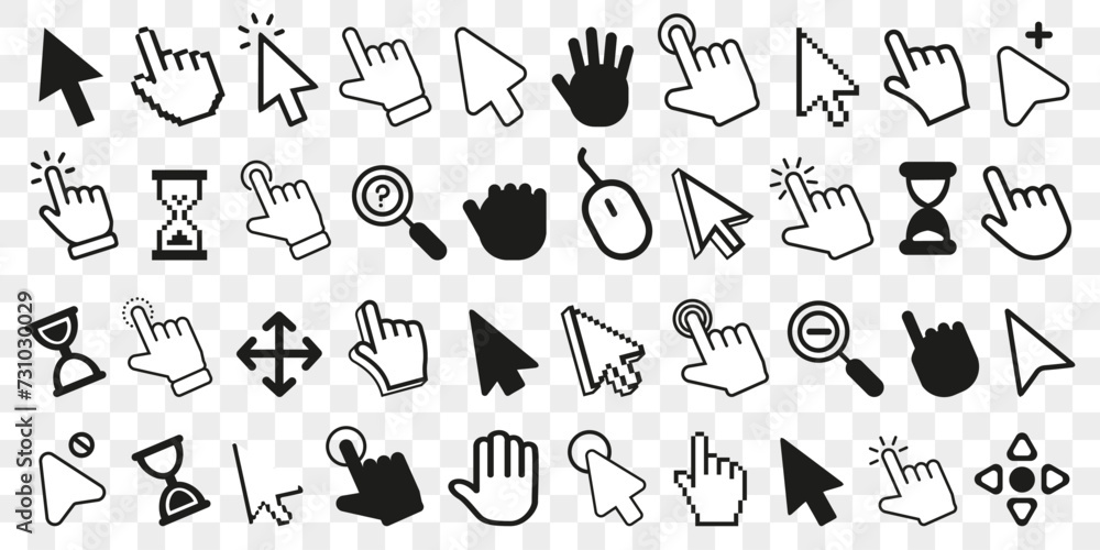 Aufkleber Click cursor icon collection. Set of computer mouse symbol. Arrow, hand, hourglass, mouse, zoom click icons. Computer mouse click cursor arrow and loading icons. Mouse click cursor symbol