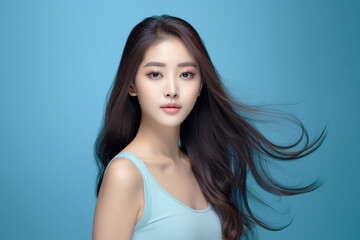 Obraz premium Young Beautiful Model Girl Wearing a Blue Dress, Pretty Model Girl, Cute, Innocent, and Attractive Looks, Generative AI.