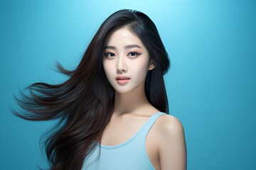 Young Beautiful Model Girl Wearing a Blue Dress, Pretty Model Girl,  Cute, Innocent, and Attractive Looks, Generative AI.