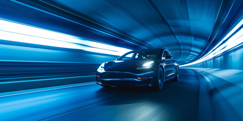 A modern electric car drives through a tunnel