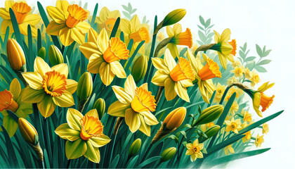 Yellow daffodils in bloom on soft light background. Design of greeting card for St. David's Day or birthday or womens day or mother's day