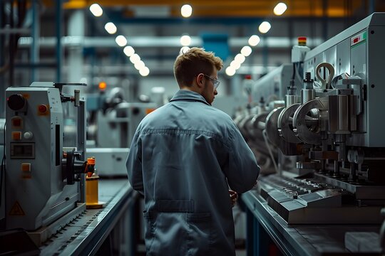 Factory Worker Inspecting Parts on Machinery
