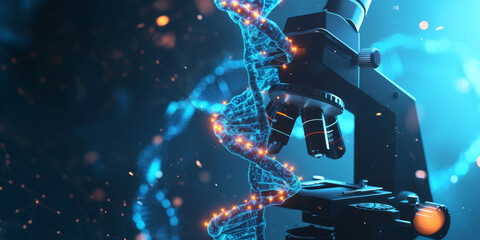 Abstract image of a microscope with glowing DNA