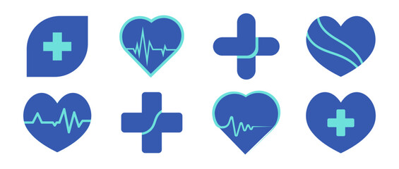 Medical icons collection. Heartbeat, cross, heart, cardiogram icons collection