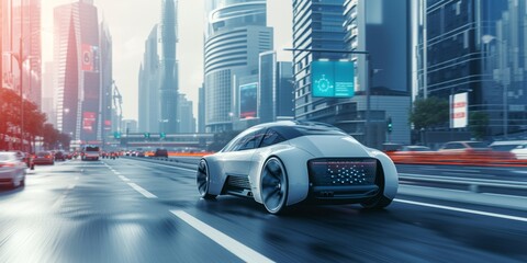 An autonomous, unmanned electric car changes lanes and overtakes city traffic