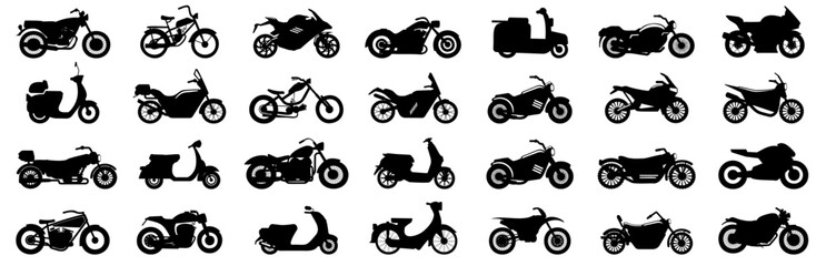 Different types of motorcycle vehicle silhouette. Black motorcycle silhouette collection. Set of black motorbike icon silhouette