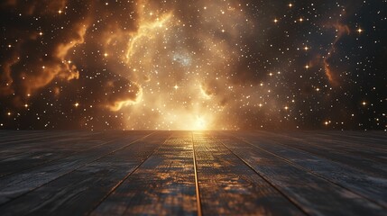 a room with a wooden floor and a sky filled with stars and a beam of light in the center of the room. 