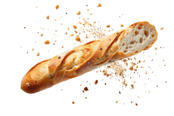 Fresh Baguette with Crisp Crumbs Floating on Transparent Background - High-Quality PNG Image