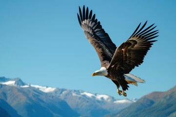 Majestic eagle soaring, clear blue skies, over rugged mountains