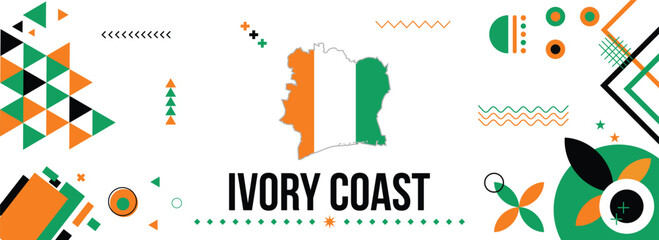 Ivory Coast national or independence day banner for country celebration. Flag and map of Cote Divoire with raised fists. Modern retro design with typorgaphy abstract geometric icons.