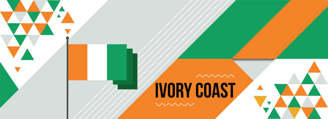 Fototapeta premium Ivory Coast national or independence day banner for country celebration. Flag and map of Cote Divoire with raised fists. Modern retro design with typorgaphy abstract geometric icons