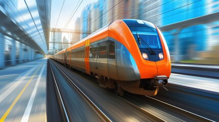 Naklejka premium Passenger train in motion in a city, in the style of light navy and orange.