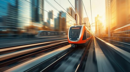 Passenger train in motion in a city, in the style of light navy and orange.