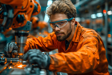 Obraz premium Man operating assembly robot in factory.