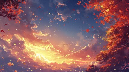 Autumn sky, Anime-style illustration of the autumn sky at dusk with thunderclouds 