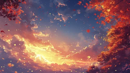 Fotobehang Autumn sky, Anime-style illustration of the autumn sky at dusk with thunderclouds  © Thanthara