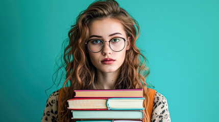 young woman with curly hair and round glasses holding a neat stack of colorful books, set against a teal background