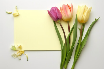 A blank light yellow Mother's Day card with a spray of colorful tulips.