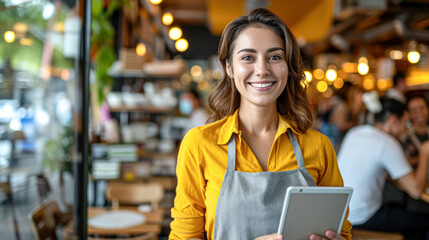 A welcoming waitress in a casual apron smiles as she takes customer orders on a digital tablet in a bustling restaurant.
