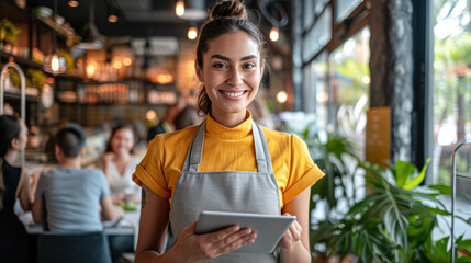 A welcoming waitress in a casual apron smiles as she takes customer orders on a digital tablet in a bustling restaurant.